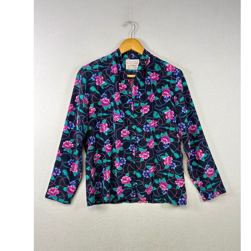 Vintage‎ Country Sophisticates Pendleton Floral Blouse Petite Navy Pink 80s 90s